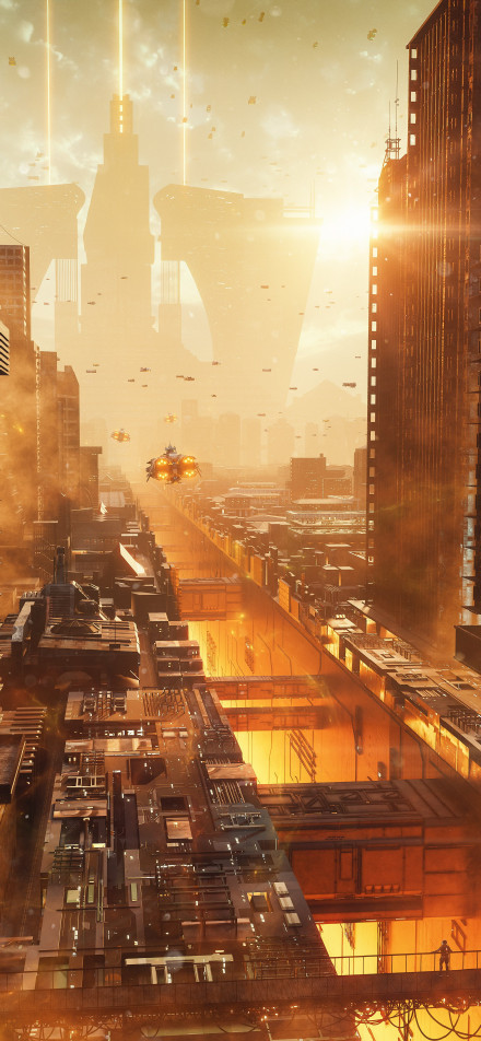 Future city with flying vehicles phone wallpaper