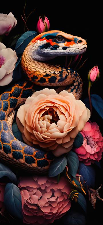 Snake 4K Wallpaper : Brightly colored snakes coiled on flowers