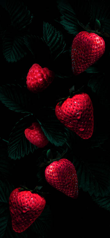 Red strawberry with water drops on black background