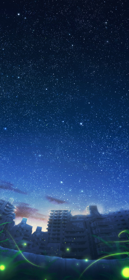 Anime night wallpaper: abandoned city under the stars