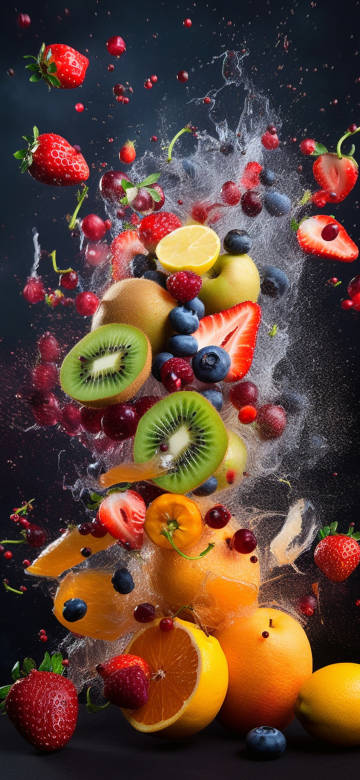 Vibrant Fresh Fruit Explosion Effect 4K phone wallpaper