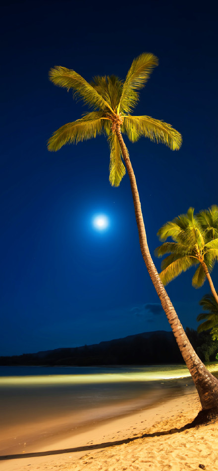 Tropical Beach at Night: Palm Trees and Moonlight