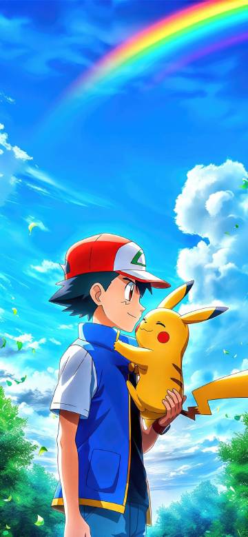 Ash and Pikachu Under a Rainbow Sky 4K Wallpaper