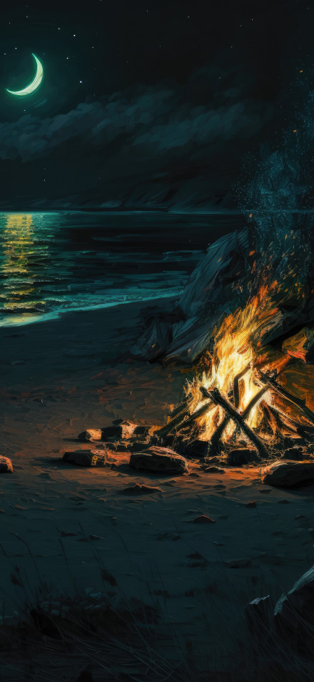 Cozy Campfire On A Beach Under The Crescent Moon 4K Wallpaper