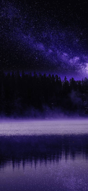 Night view of tranquil lake under purple starry sky phone wallpaper