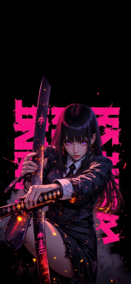 Purple-Eyed Anime Girl Holding Katana in Dark Flames 4K Phone Wallpaper