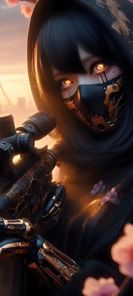 Cyber style mechanical masked girl phone wallpaper