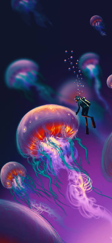 Neon Jellyfish Diver Fantasy Deep Sea Wallpaper