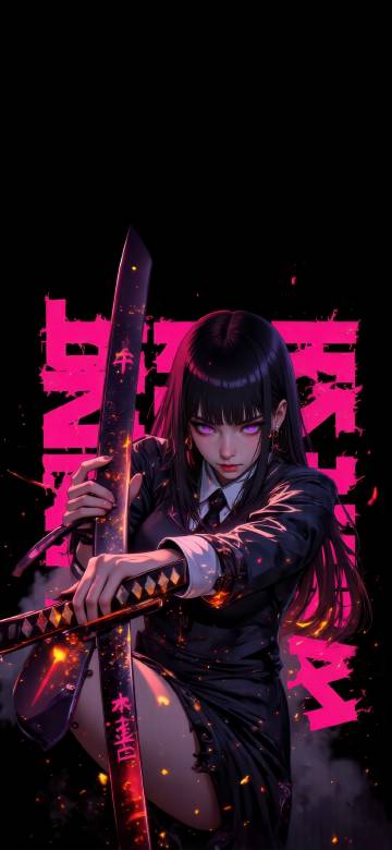 Purple-Eyed Anime Girl Holding Katana in Dark Flames 4K Phone Wallpaper