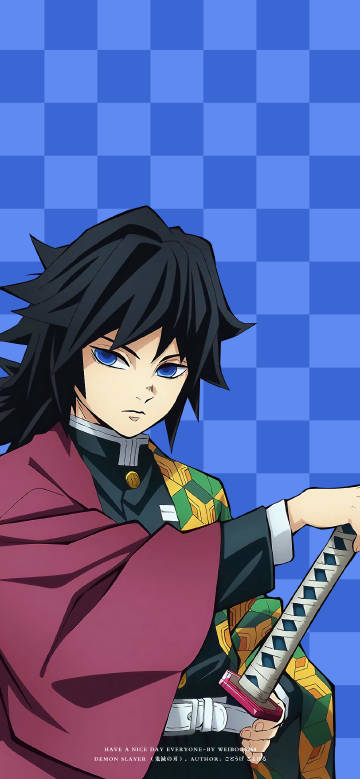 Giyu Tomioka Holding His Sword On Blue Background 4K Wallpaper