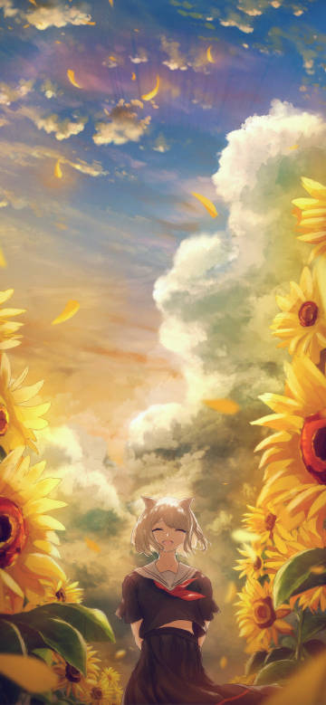 Anime girl in a sea of sunflowers phone wallpaper