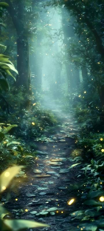 Forest trails surrounded by fireflies phone wallpaper
