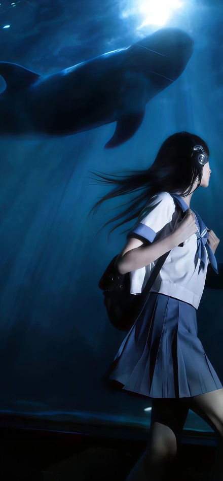 Fantasy scene of girl and whale phone wallpaper