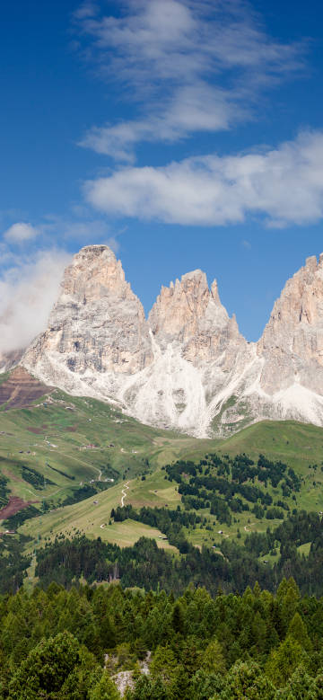 Stunning wallpaper of the Italian Dolomites: green valleys with rocky peaks