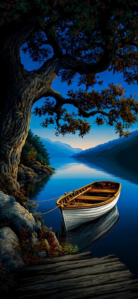 Lonely Boat On A Calm Blue Lake 4K Illustration Wallpaper