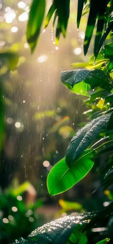 Scene of sunlight through green leaves in the rain