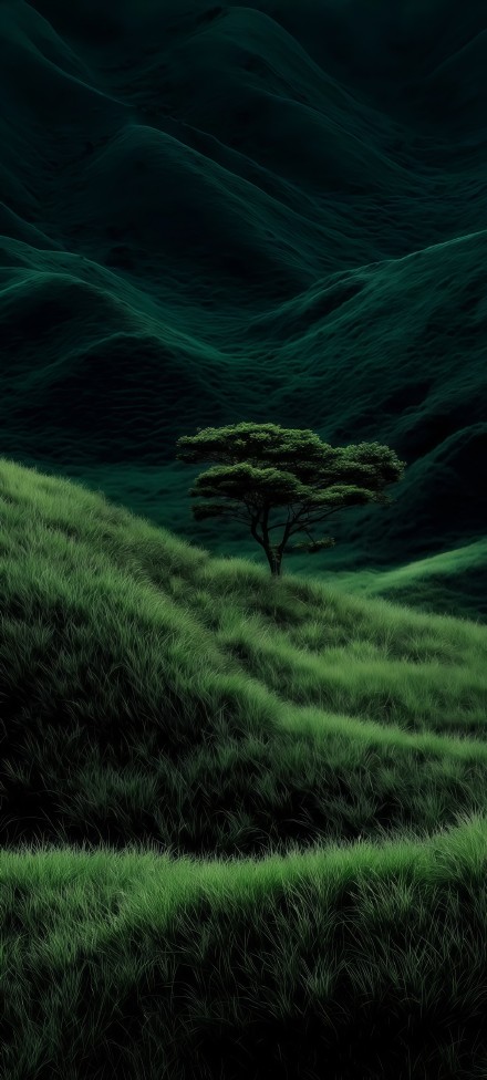 View of a tree on a green hill phone wallpaper