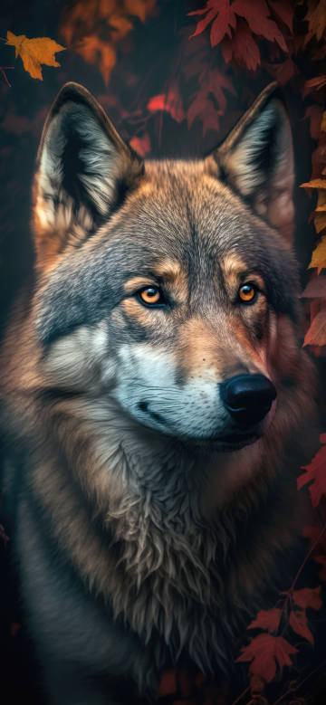 Beautiful Wolf Surrounded by Autumn Leaves 4K Wallpaper