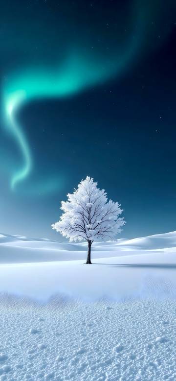 A snow-covered tree in the snow with dancing aurora