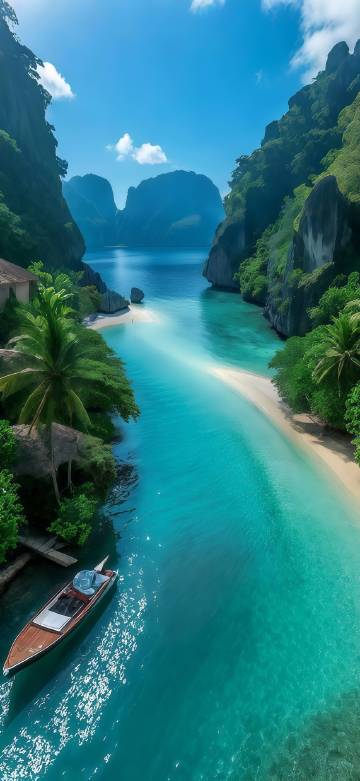 Tropical seaside wallpaper: clear blue-green water, towering cliffs