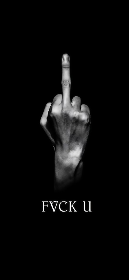 Hand with middle finger up on black background