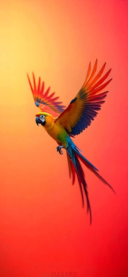 Colorful Parrot Flying on Orange Background Phone Wallpaper
