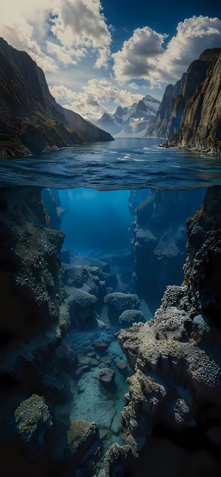 Majestic Mountain Ranges and Submerged Rock Canyons 4K Wallpaper