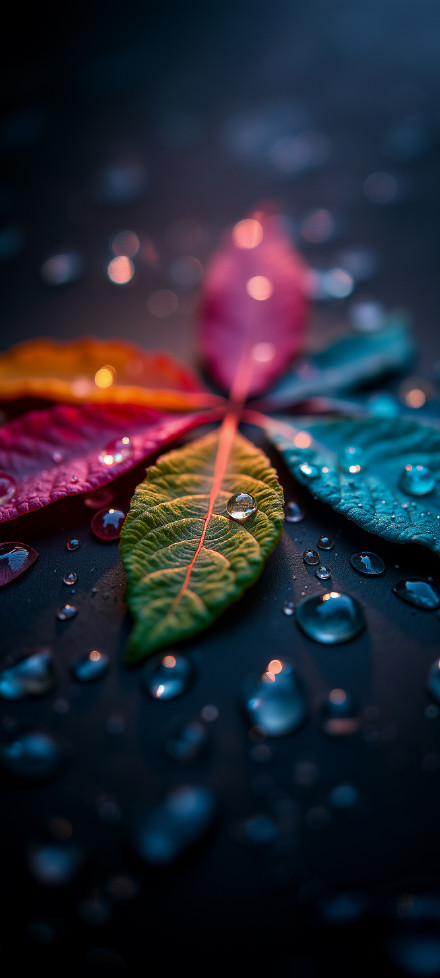 Macro Dewdrops on Vibrant Autumn Leaves