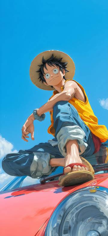 Luffy sits comfortably on the roof of a red car
