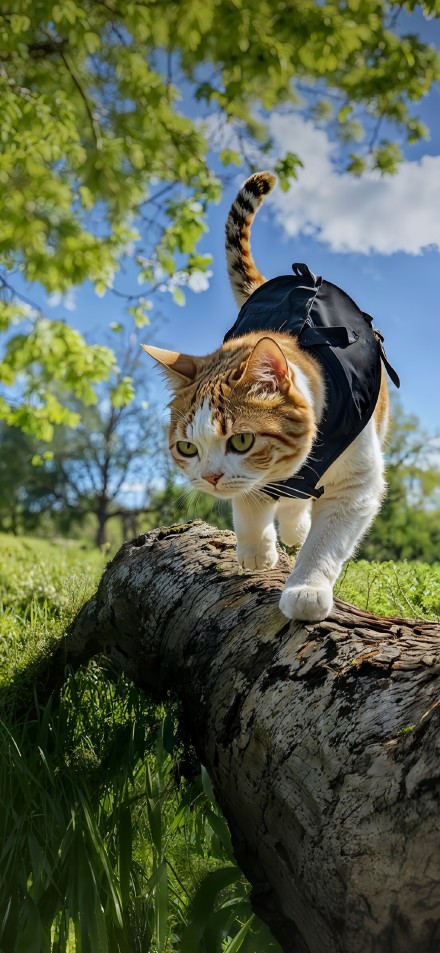 Curious Cat Walking on a Tree Log in the Forest 4K Wallpaper