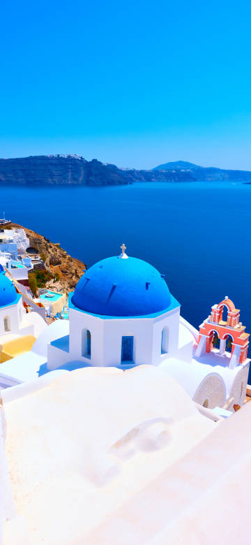 Santorini blue dome church scenery wallpaper