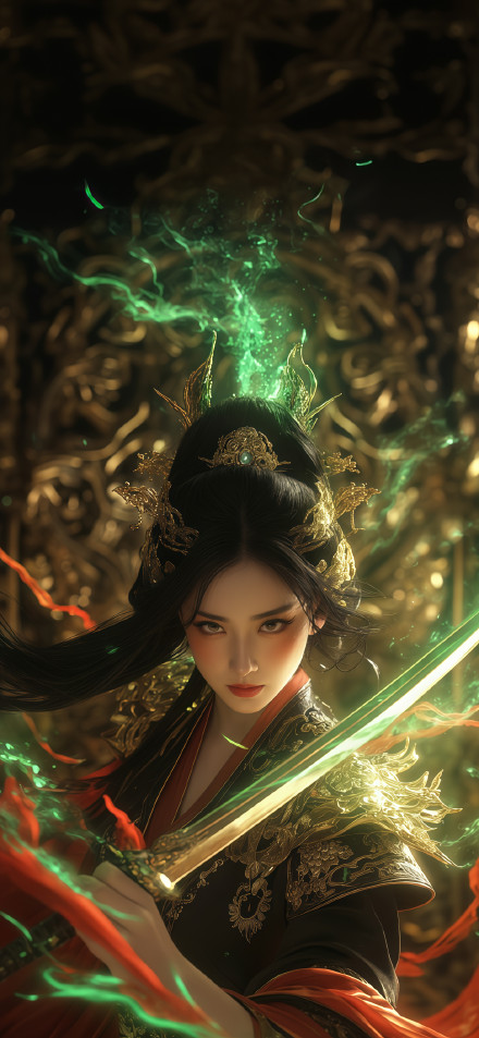 Powerful Female Warrior with Sword and Mystical Aura 4K Wallpaper