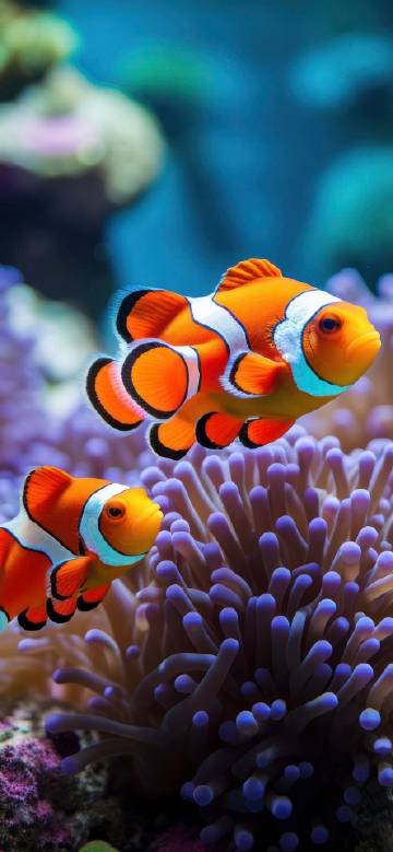 Two clownfish and purple anemone wallpaper