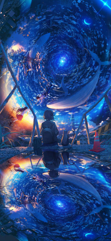 Fantasy illustration wallpaper: Girl and cat watching a whale
