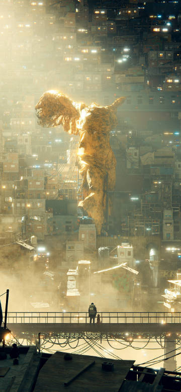 Giant statue in the future city shadow