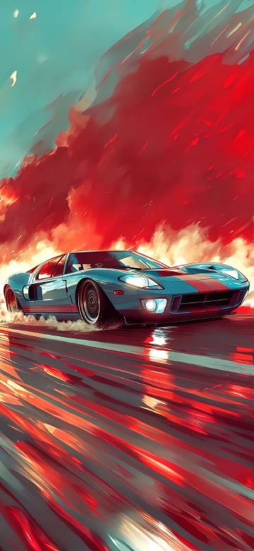 Sports car crossing red flames anime phone wallpaper