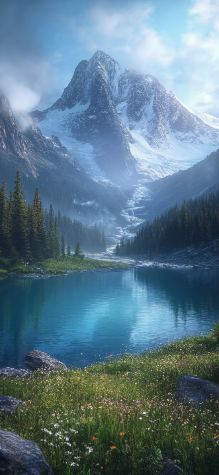 Serene lake in mountains and forests phone wallpaper