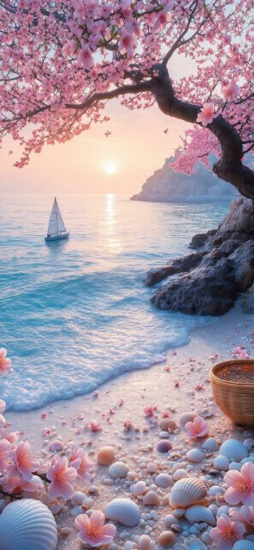 Romantic cherry blossom beach Scene phone wallpaper