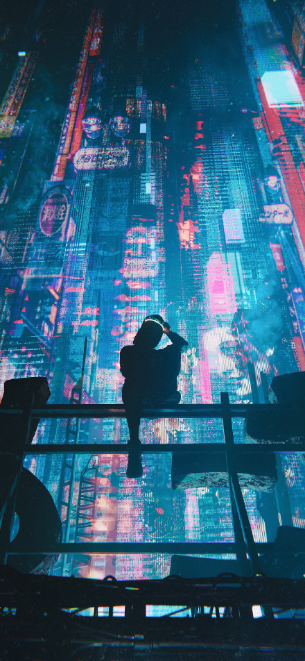 Cyberpunk city under the girl silhouette wallpaper