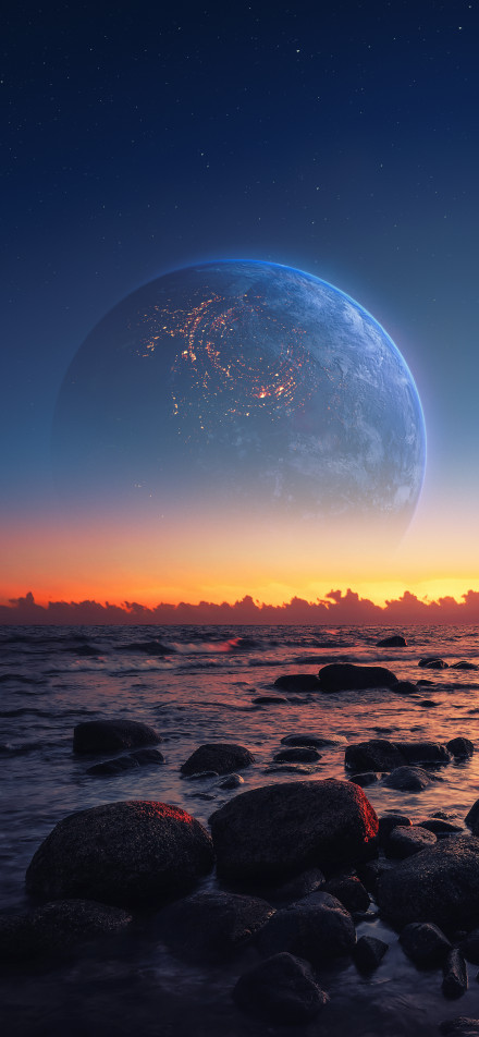 Sunset Ocean Meets Planet Wallpaper 4K