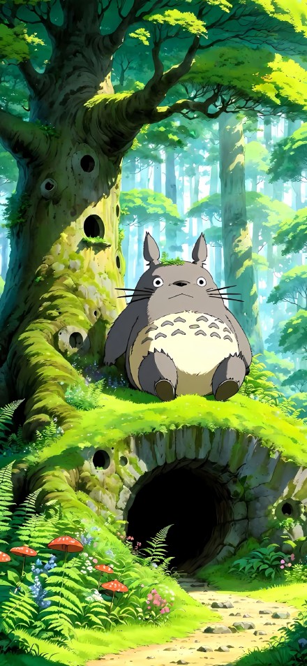 Cute and honest Totoro sitting on moss