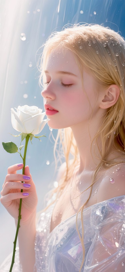 Blonde Girl Holding a White Rose in the Rain 4K Wallpaper