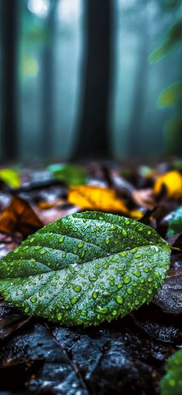 A green leaf with sparkling water droplets Wallpaper