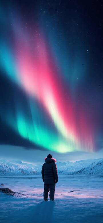 Looking up at the colorful aurora borealis in the snow