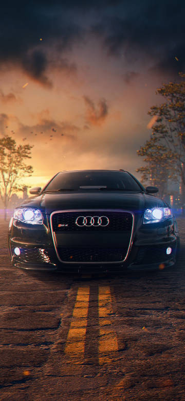 A black Audi car parked on the road at dusk phone wallpaper