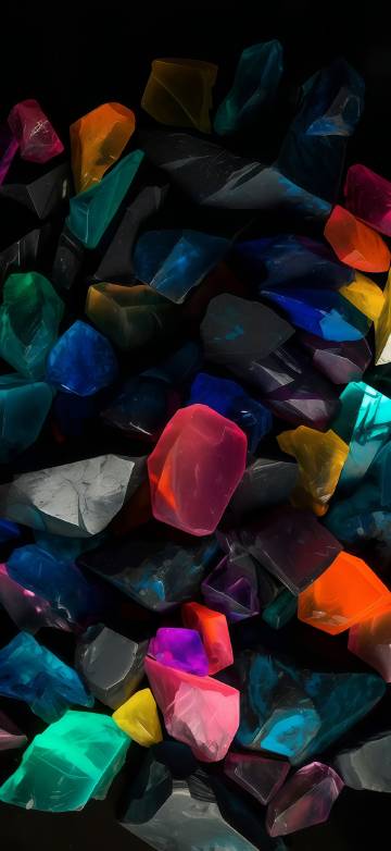 Colorful crystals of various shapes on a black background