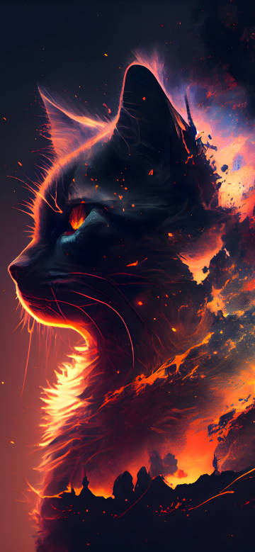 Flame Cat Dark Background Phone Wallpaper