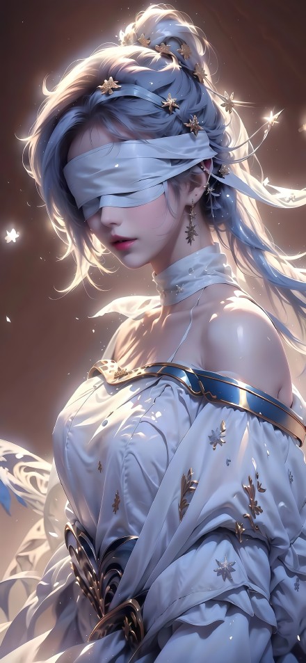 Ethereal Blindfolded Goddess With Silver Hair 4K Wallpaper