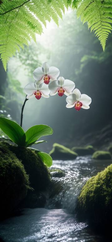 Beautiful view of white orchids by the stream phone wallpaper
