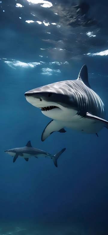 Two Sharks Under the Blue Ocean 4K Wallpaper